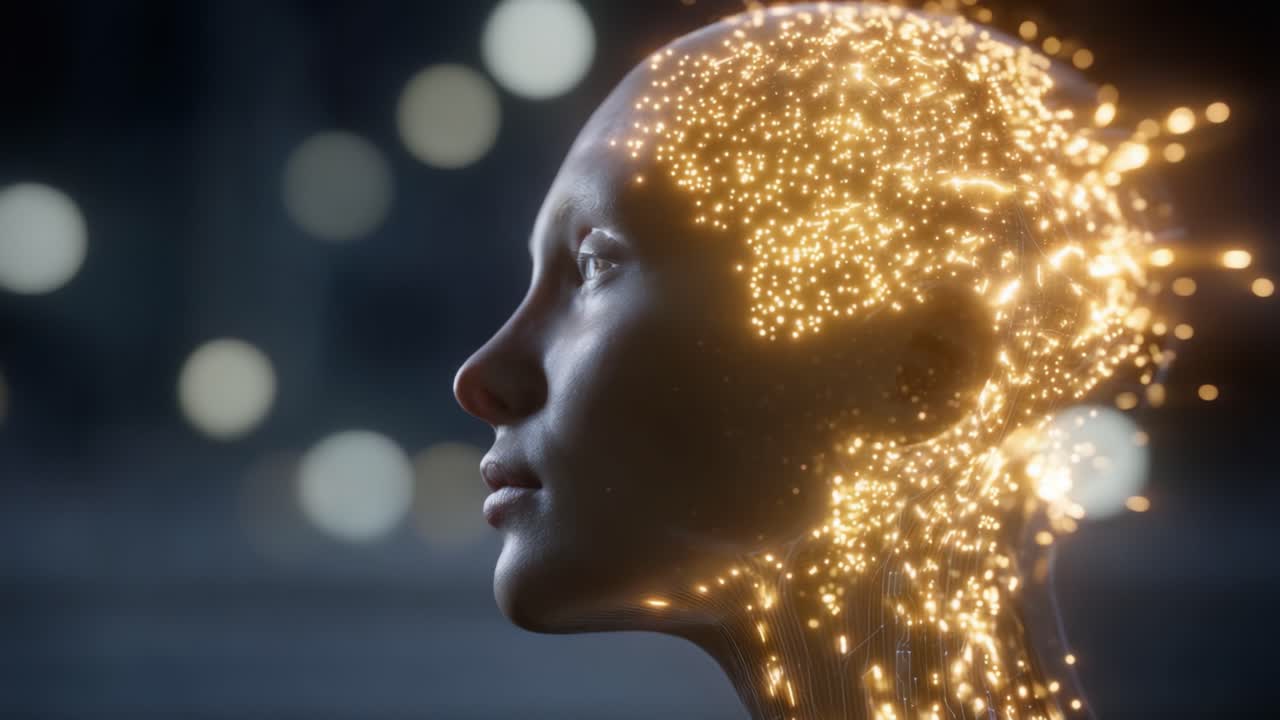 Un personaggio di una rete neurale con scintille eteree e una visione futuristica, che rappresenta la convergenza tra tecnologia e umanità in una rappresentazione artistica