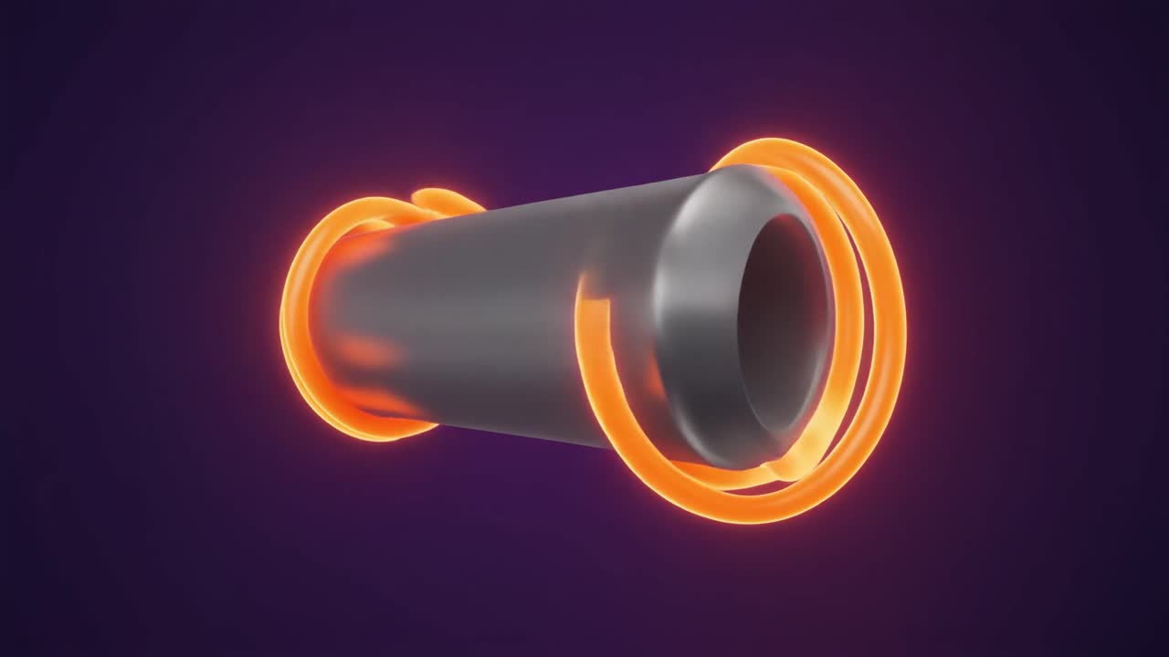 Render 3D astratto di un cilindro rotante con anelli arancioni luminosi