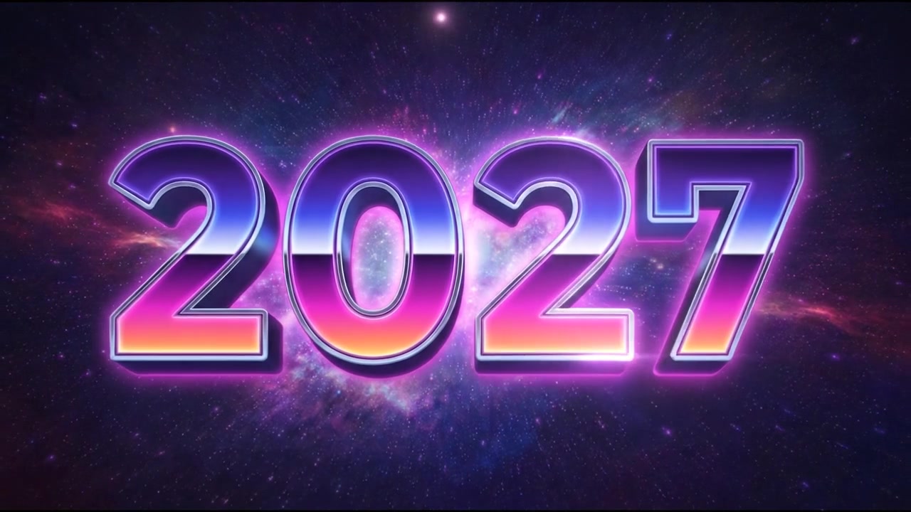 Animazione testuale 2027 in stile Retro Synthwave su sfondo di spazio profondo