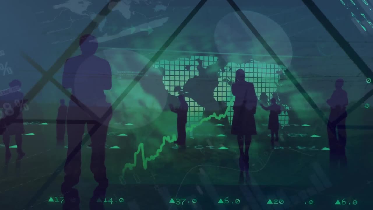 Animation of statistics and financial data processing with business people