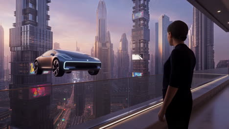 woman on a balcony overlooking a futuristic city with a flying car