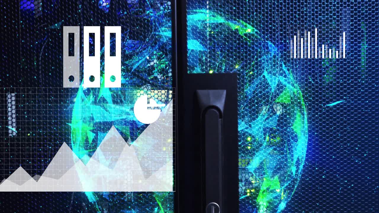 Porta a rete di un rack server che mostra un globo luminoso con grafico a linee e icone di raccoglitori, in rendering 3D piatto