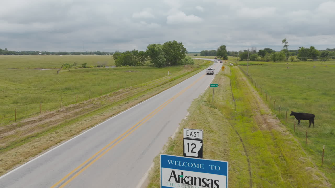 Countryside Roads Of Highway 12 Entering Arkansas In The United States. Aerial Drone Shot