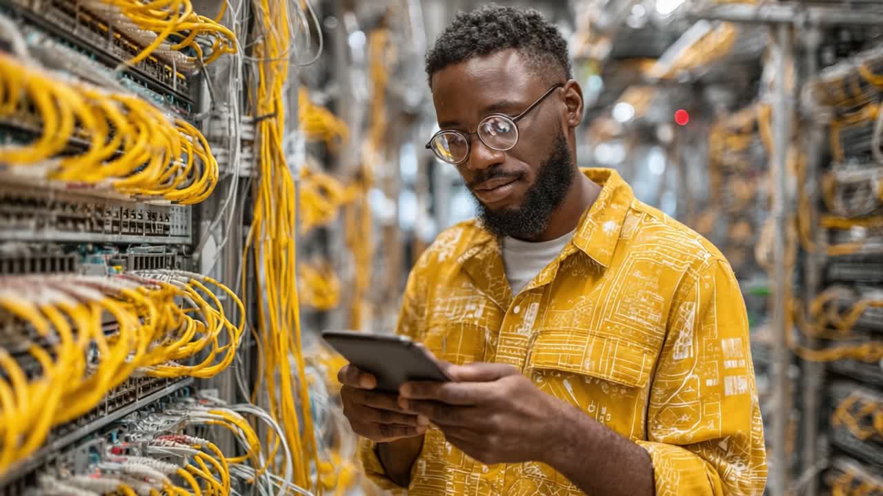 A technician examines data on a tablet while surrounded by intricate wiring in a server room, showcasing the intersection of technology and connectivity