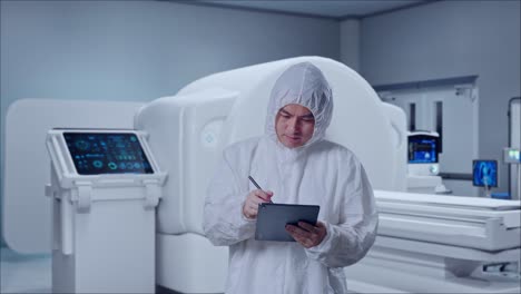 asian male scientist taking note on a tablet while standing with mri machine in the hospital