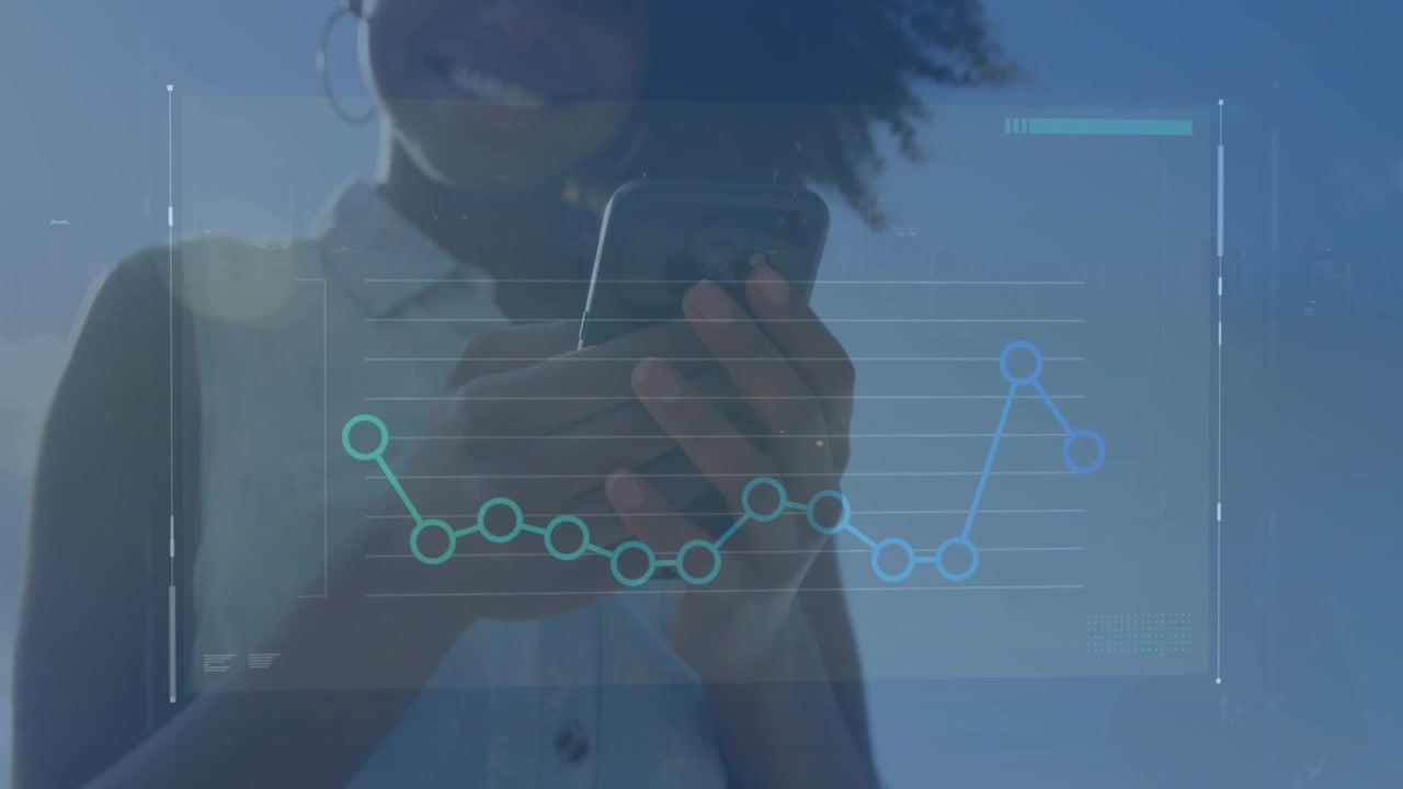 Animation of financial data processing over african american women using smartphone