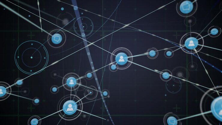 Animation of network of connections with icons on dark background
