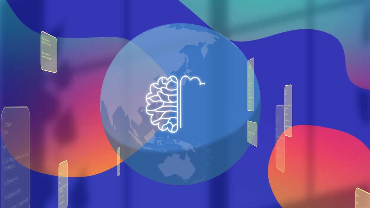 Animation of artificial intelligence icon and data processing over globe