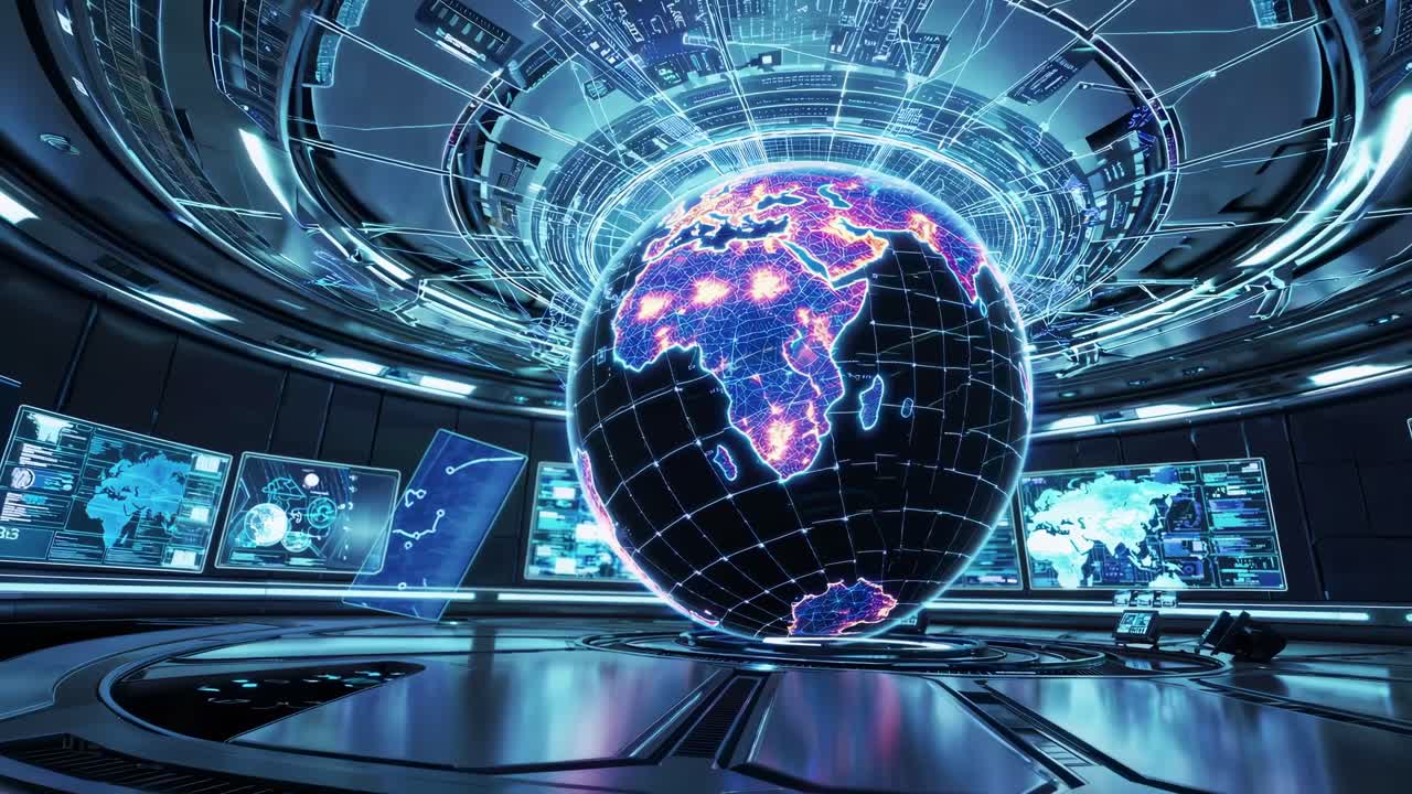 Futuristic control room with a glowing digital globe. High-tech screens display data. Sci-fi setting