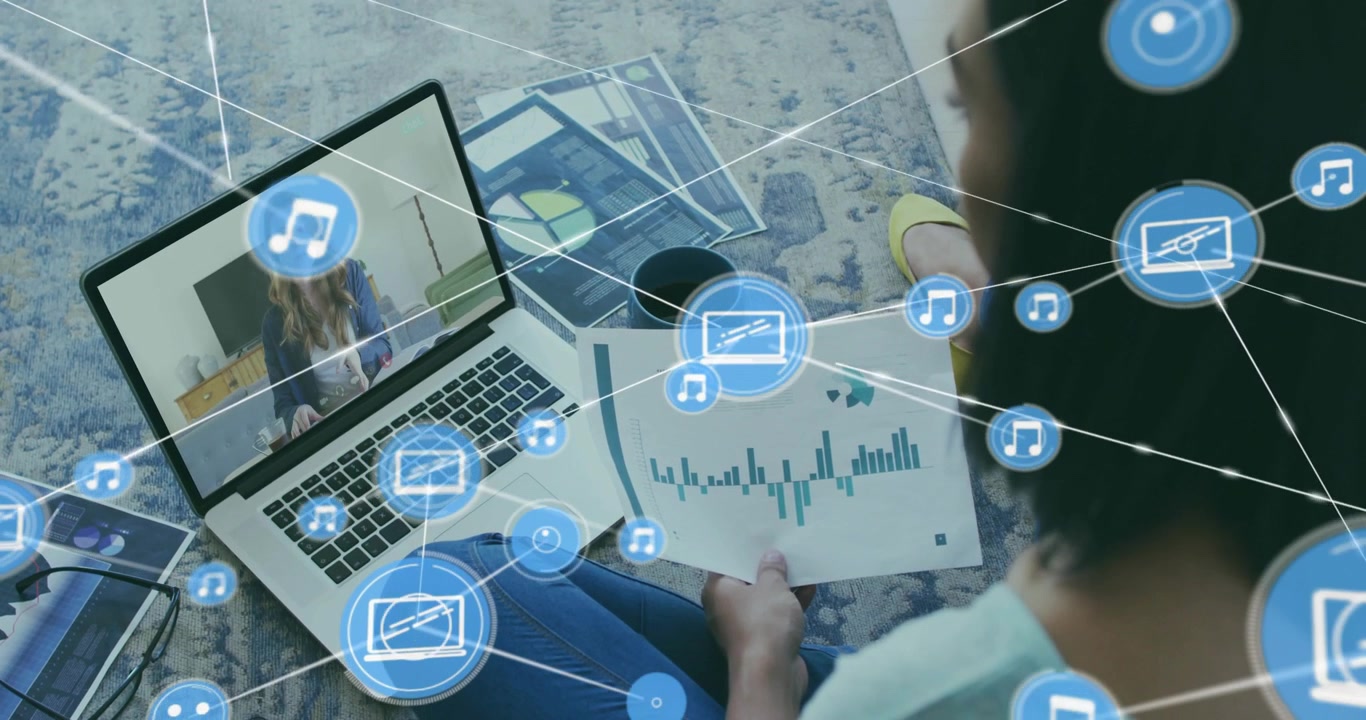 Woman Participating in Video Conference Call with Digital Network Overlay