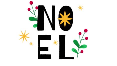 animation of noel text with christmas decorations on white background