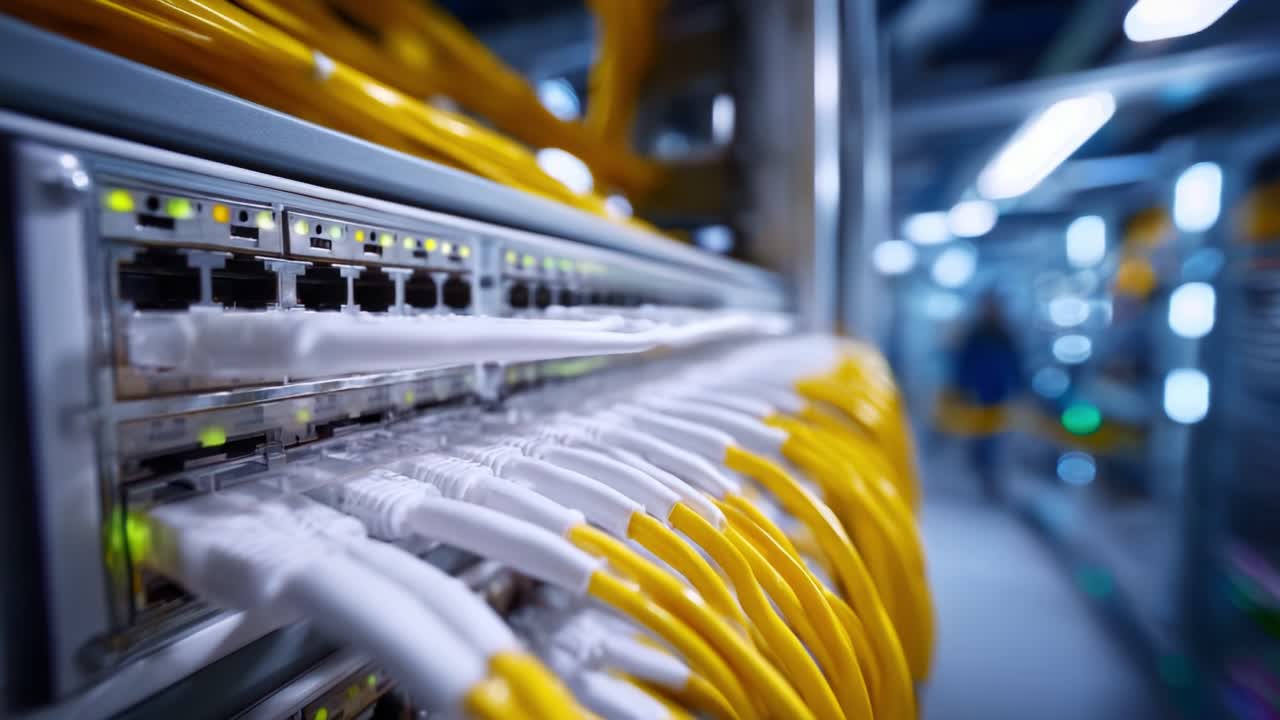 An Array of Network Cables and Switches in a Technology Infrastructure Setting with Blurred Background Focus on Connectivity and Data Transmission
