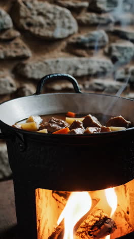 rustic stew cooking over an open fire with a wooden spoon