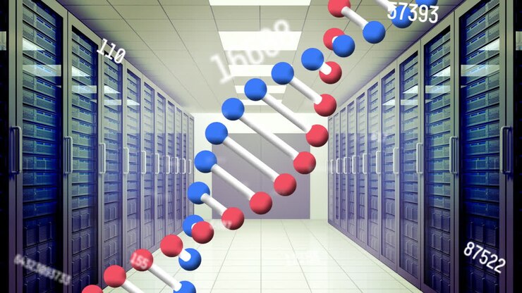 Animation of numbers processing and dna strand spinning over servers