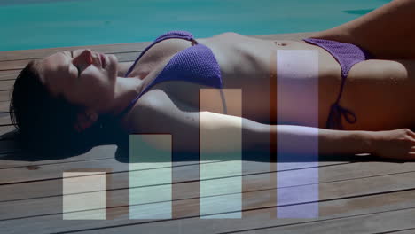 bar graph animation over woman sunbathing on wooden deck by pool