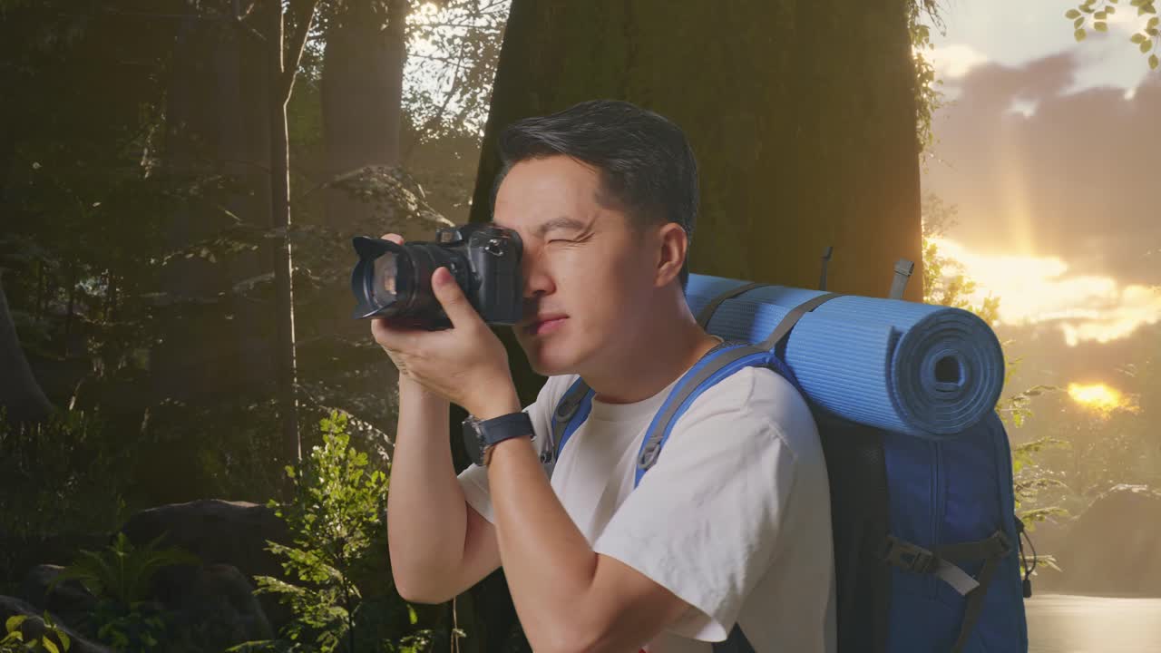 산악 배을 들고 있는 아시아 남성 하이커가 숲의 자연을 탐험하는 동안 사진을 찍는 카메라를 사용한다.