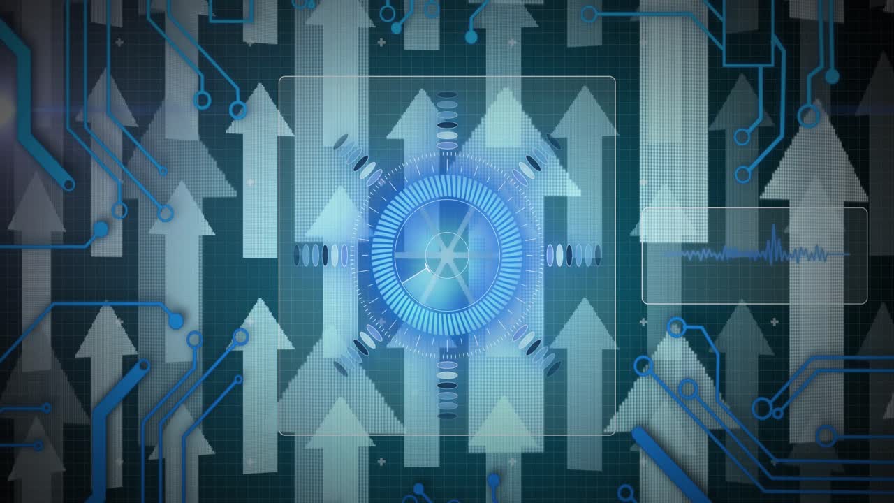 Animation of scope scanning, circuit board elements with white arrows on blue background