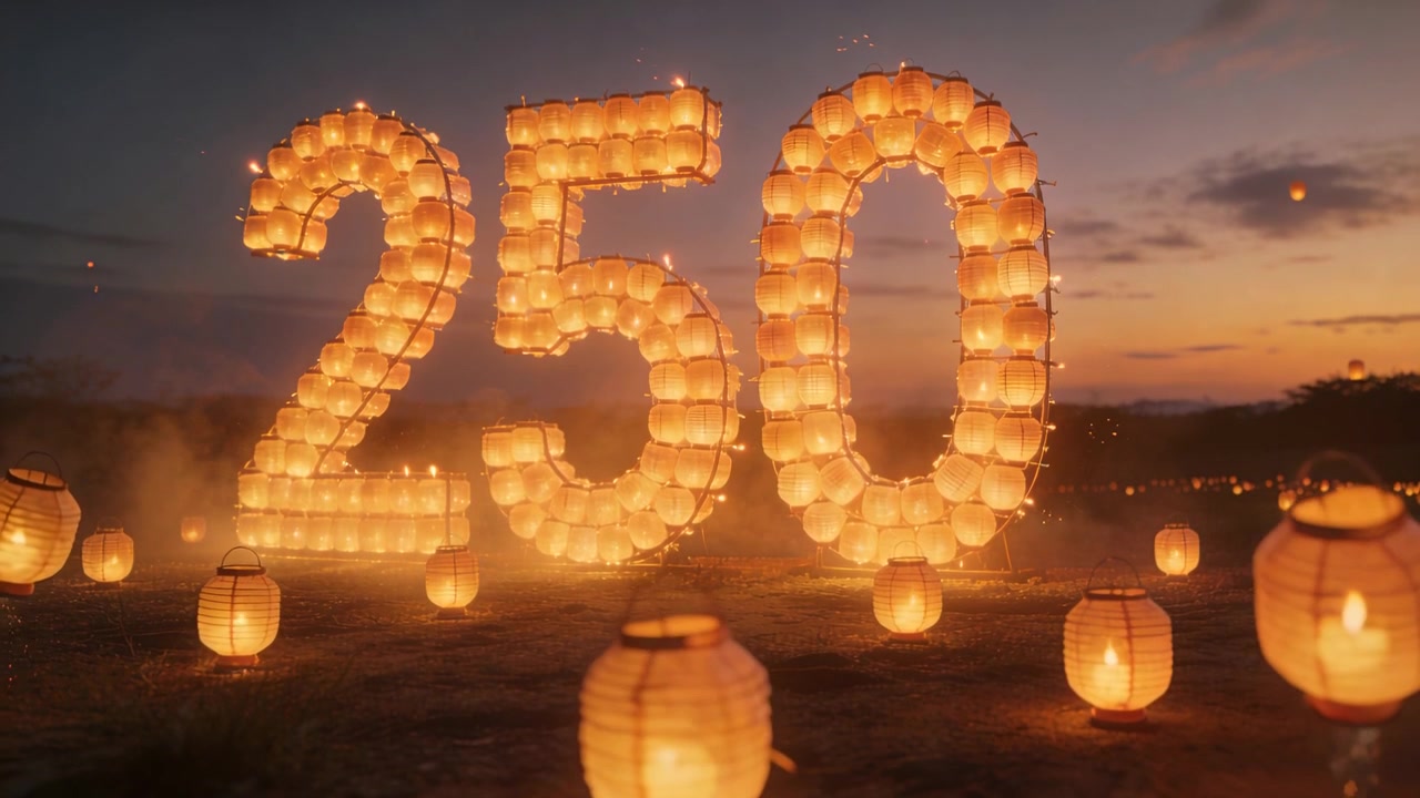 Lanterne di carta galleggianti entrano nell'inquadratura al crepuscolo, celebrando il numero 250 con braci incandescenti.