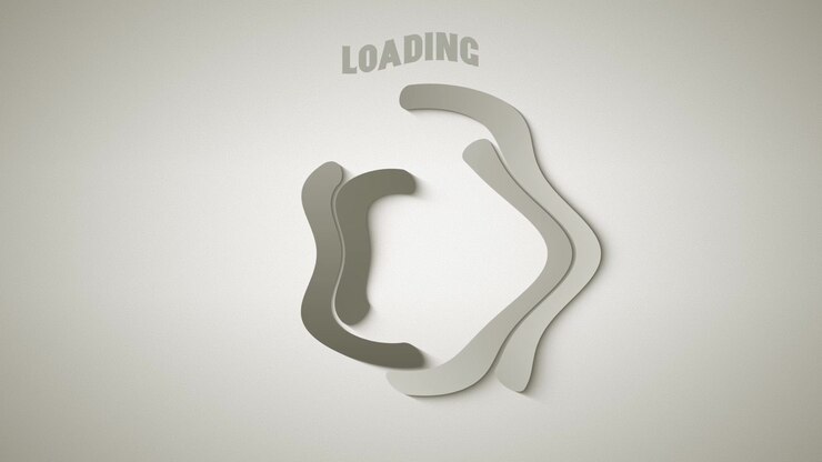 Grey retro styled seamless animation loop of a loader spinner built from rotating gradient, uneven, wobbling circular arcs with subtle shadows and clean indicator text displayed above the scene