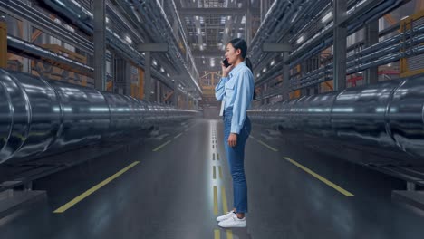 full body side view of an asian female professional worker standing in a in big warehouse filled with metal pipes, she is speaking with someone in the phone
