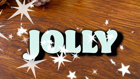 animation of jolly text over snow falling and christmas decorations on table