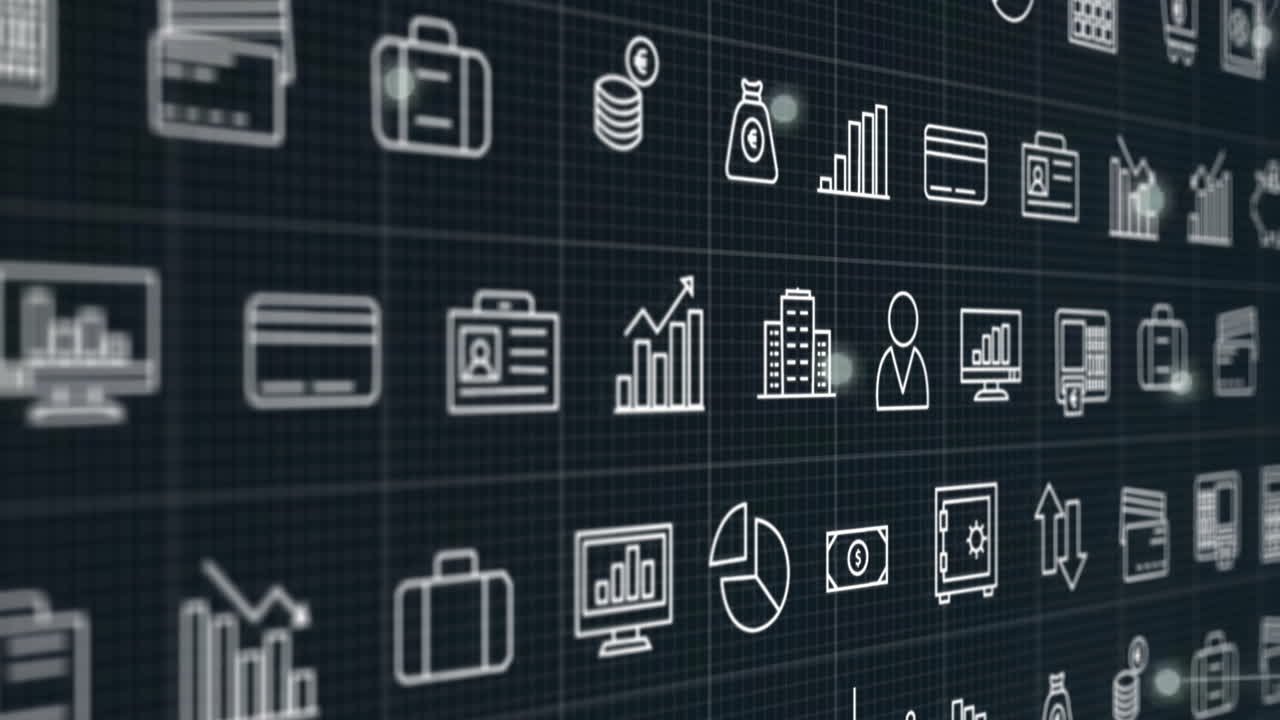 Displaying financial icons and graphs on digital grid with animation elements
