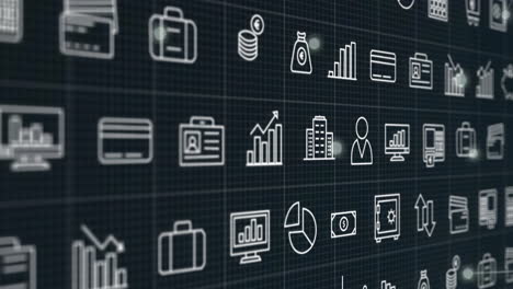 displaying financial icons and graphs on digital grid with animation elements