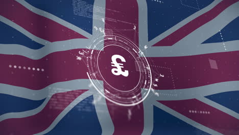 animation of pound symbol and data over flag of great britain