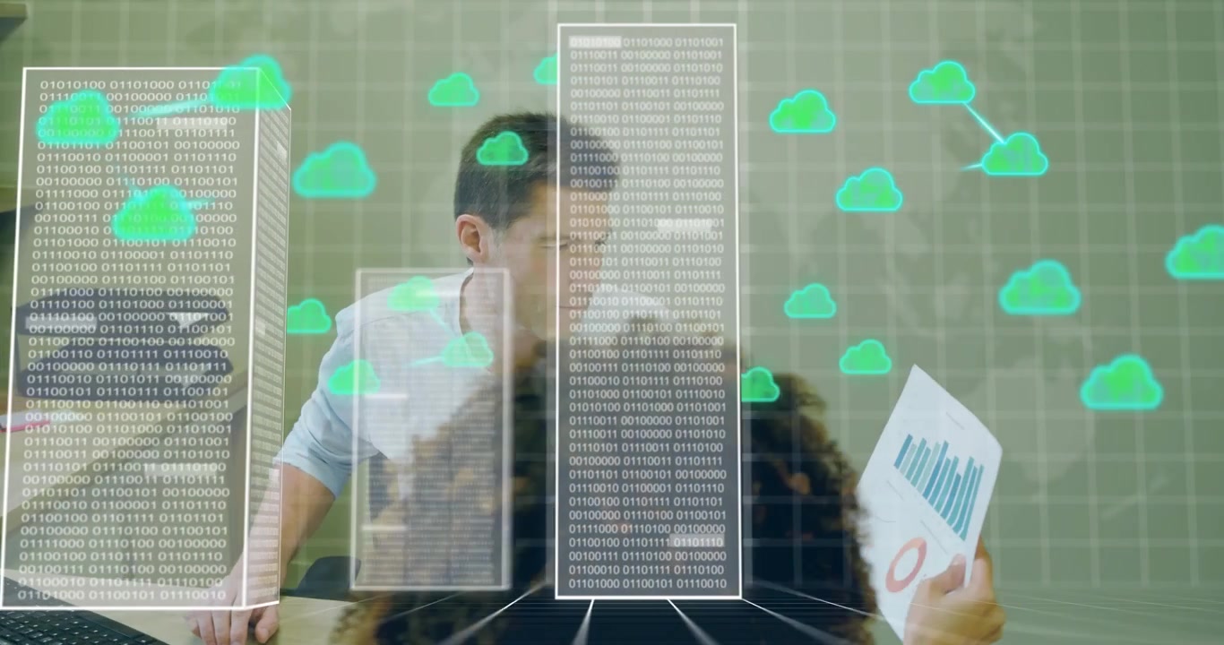 Business colleagues passing report and viewing charts with migrating data columns and cloud icons