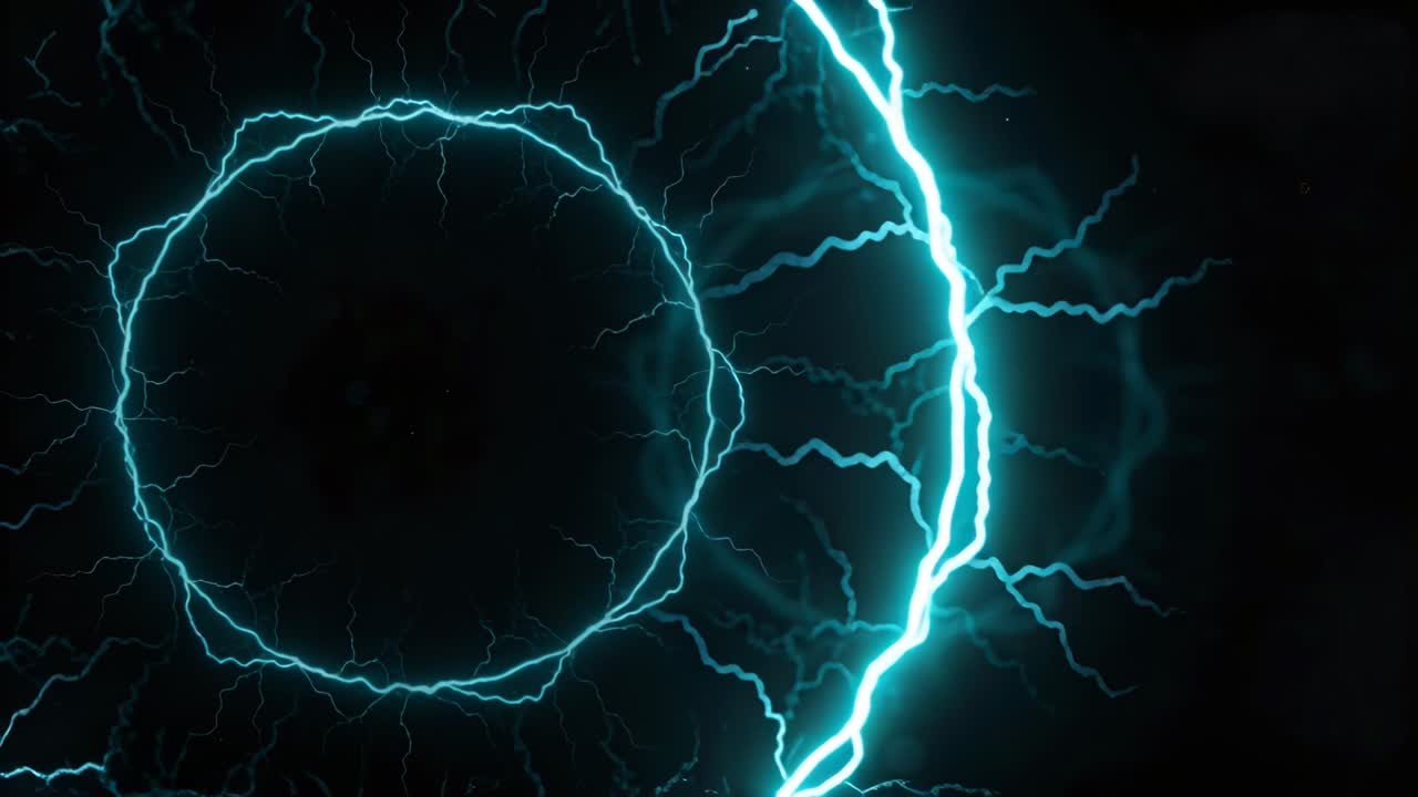 Primary cyan electric ring pulsing in dark void, arcing sparks initiating twin bolts for tech demo