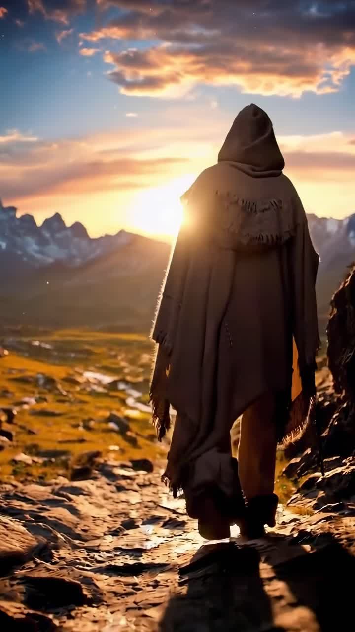 Silhouette di una figura ammantata che esce da una grotta al tramonto, ripresa da un angolo basso