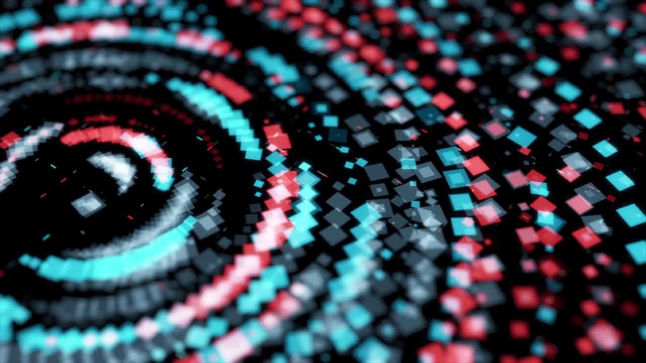 círculos de neón brillantes abstractos que consisten en pequeñas figuras geométricas multicolores y se mueven caóticamente en la oscuridad. animación. baile de discoteca y fondo de música electrónica