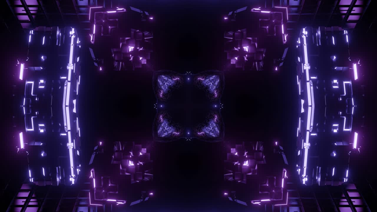 3d cubic shapes of flickering blue, turquoise and purple lights warping and transforming an each other forming new shapes