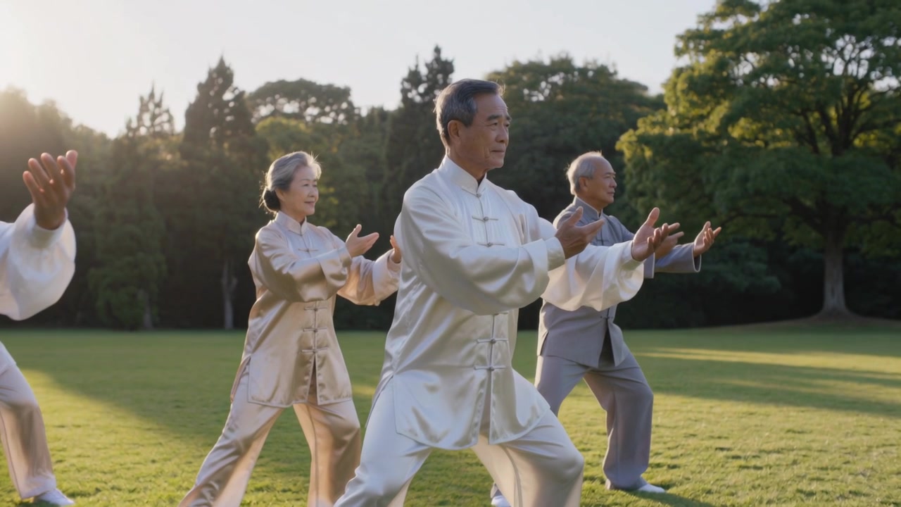 In risposta al segnale dell'uomo al centro, anziani che praticano tai chi nel parco in abiti di seta per l'equilibrio.