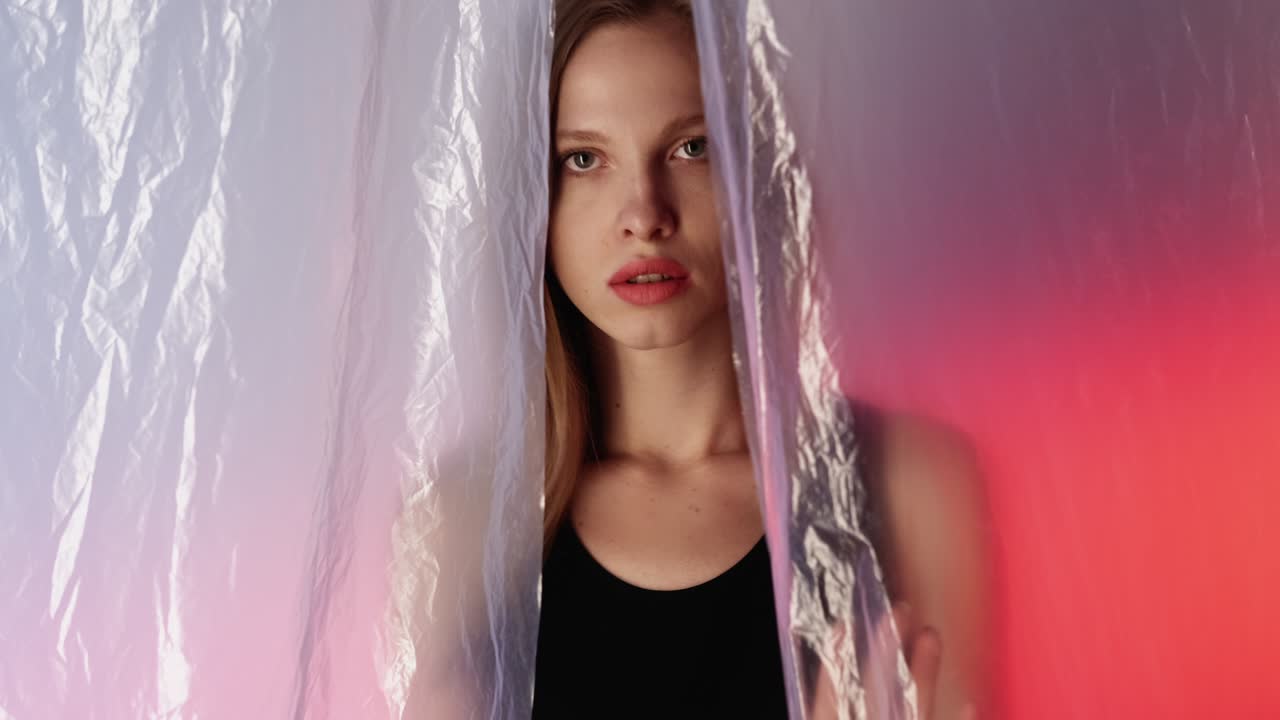 필름 보호에서 초점을 맞추지 않는 불안한 여성 초상화