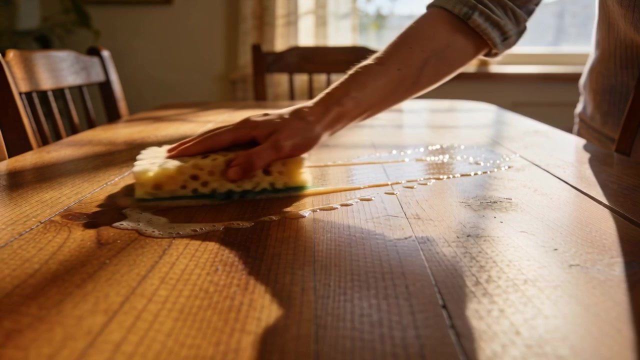 After spill, hand in rolled-sleeve wiping sponge on dining table, cleaning, copy space