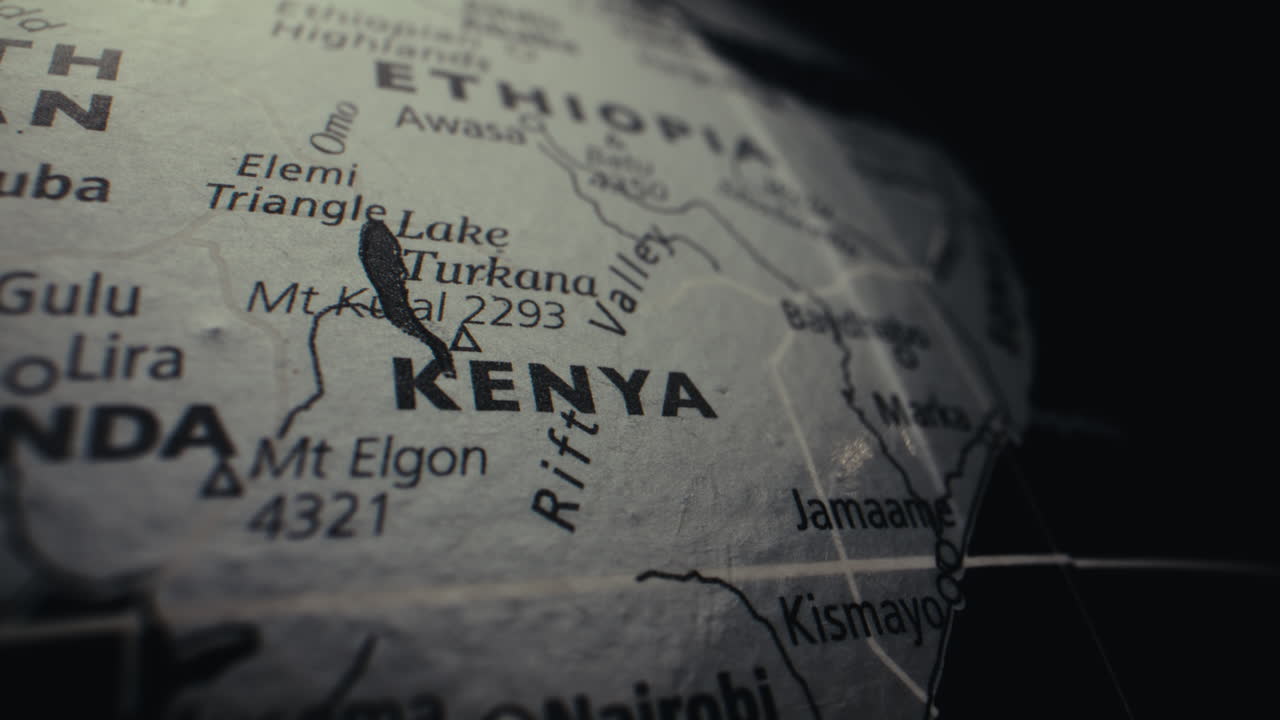 Close-up of a World Map highlighting Kenya