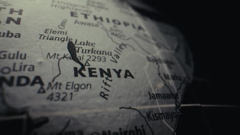 close-up of a world map highlighting kenya