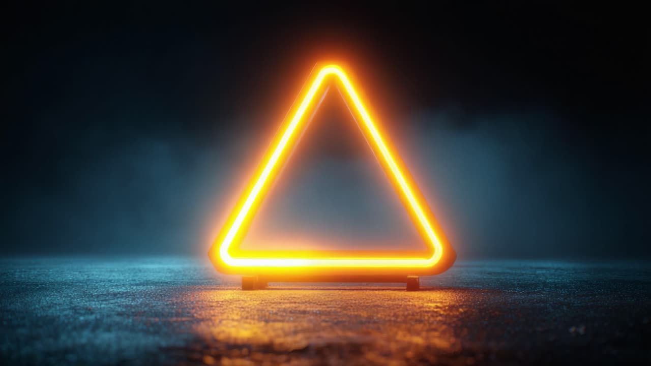 An Illuminated Orange Triangle Sign Shining Brightly in a Misty Dark Environment, Highlighting Safety and Caution in a Captivating Scene