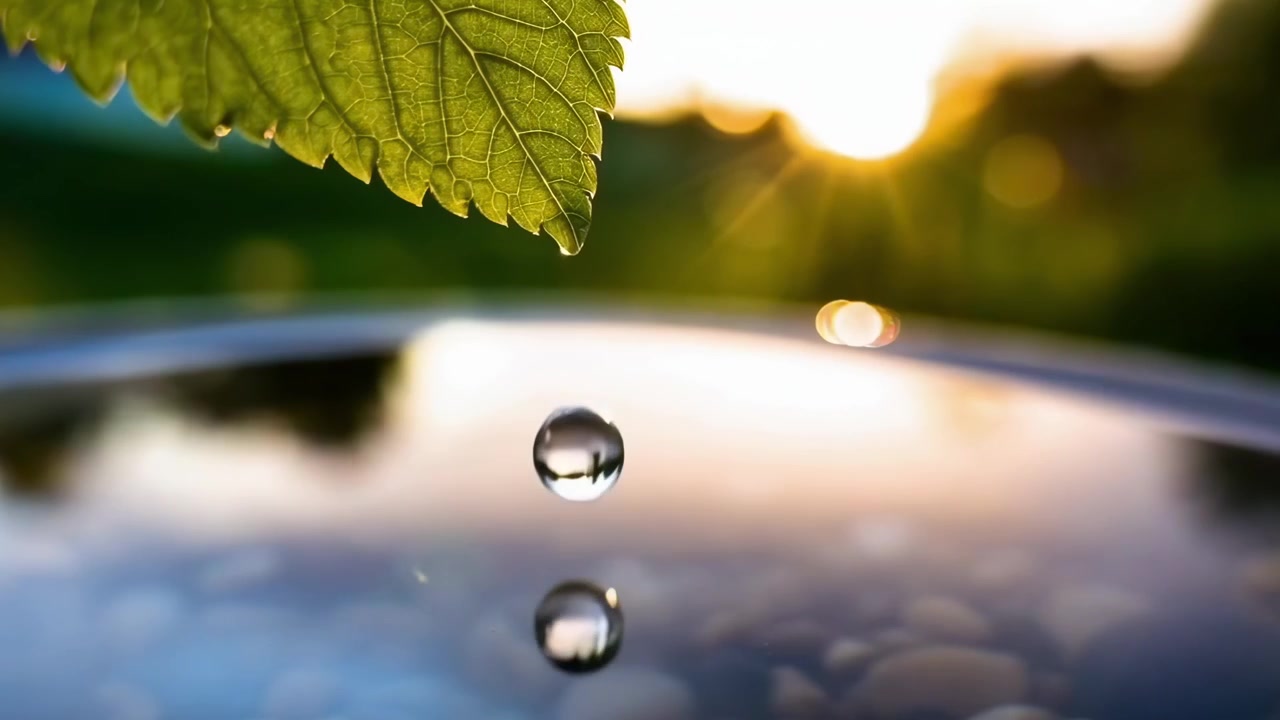 Vanddråbe falder fra et grønt blad ned i en rolig dam ved solnedgang