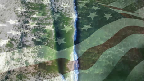 animation of flag of united states of america blowing over aerial view of waves in sea