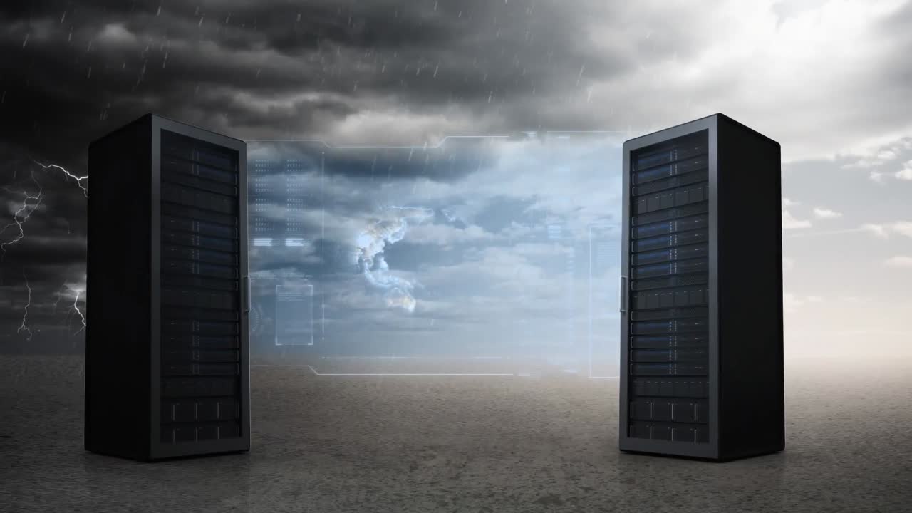 servidores de datos y pantalla digital con globo giratorio