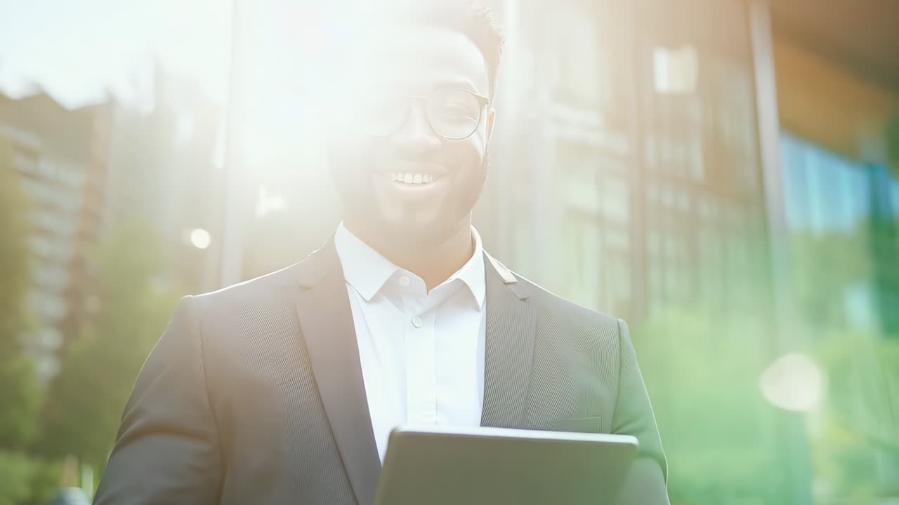 un hombre en un traje y gafas sosteniendo una computadora de tableta