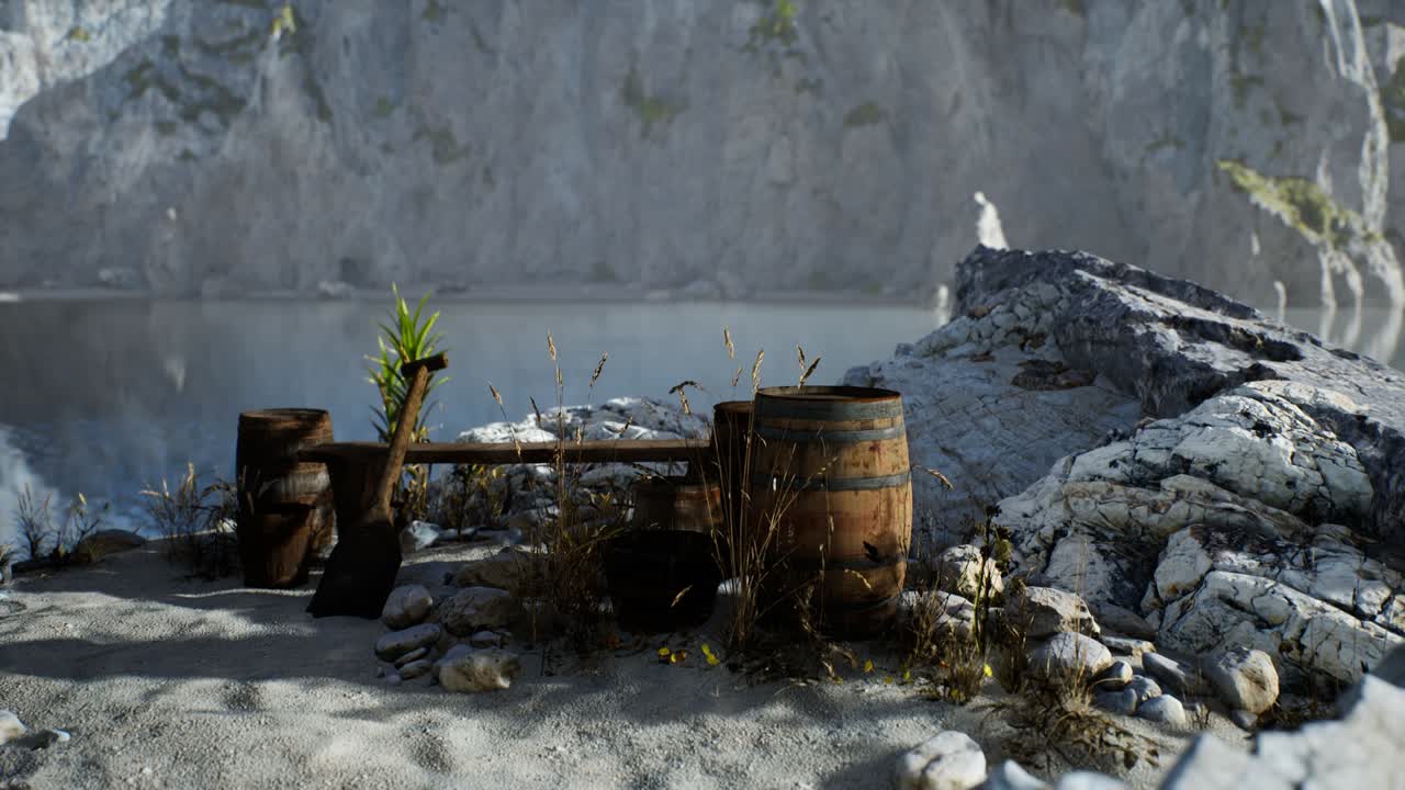 barriles de madera con peces de mar en la playa de arena