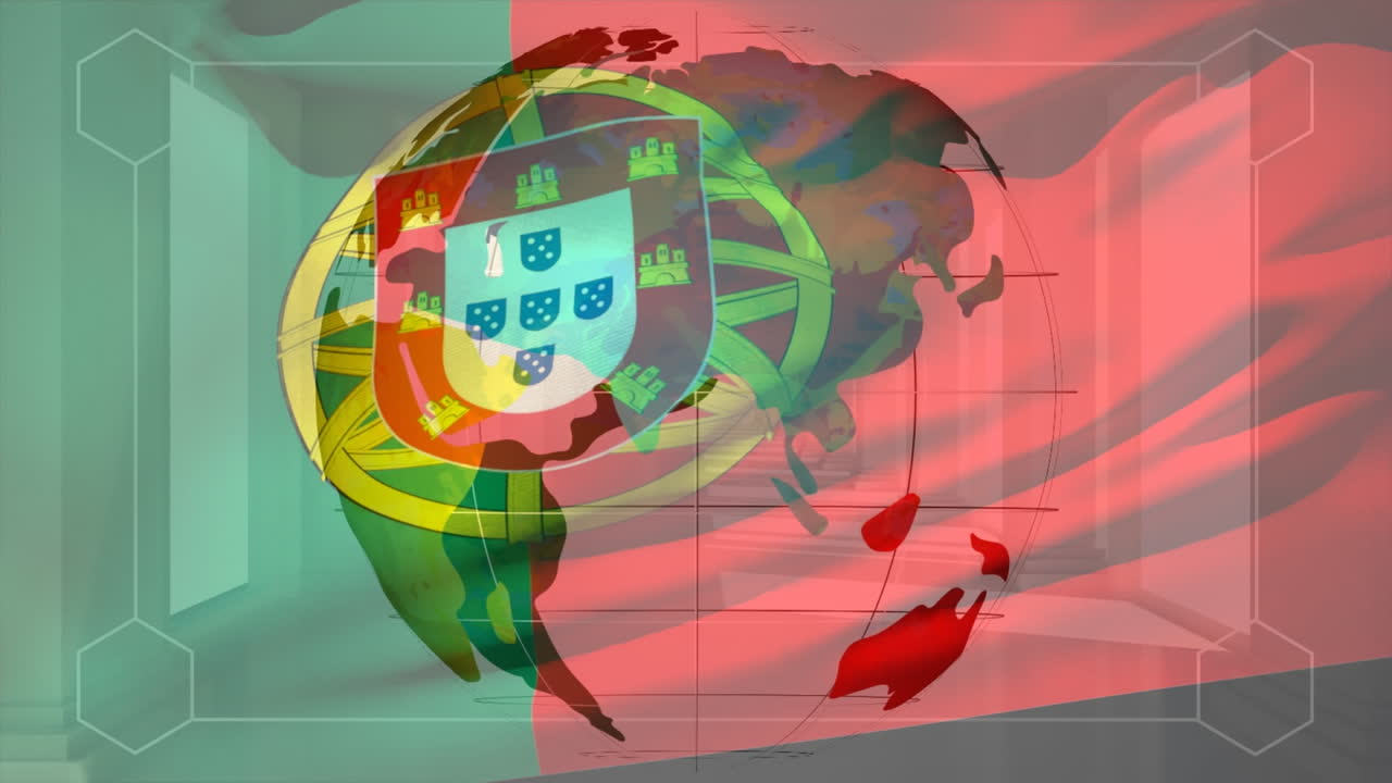ondeando la bandera portuguesa contra el globo giratorio y la interfaz digital con el procesamiento de datos