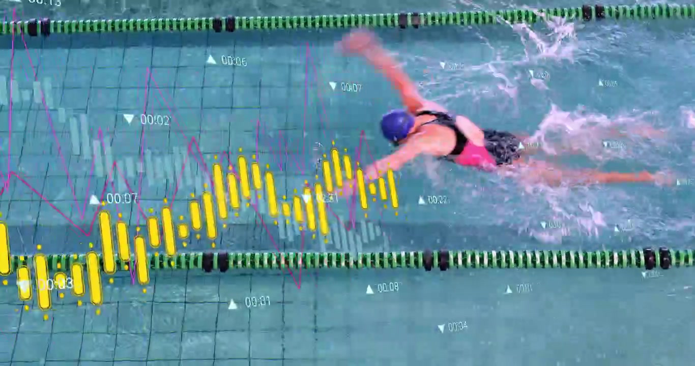 Yellow chart animating above lane as swimmer entering from right freestyling for sports analysis