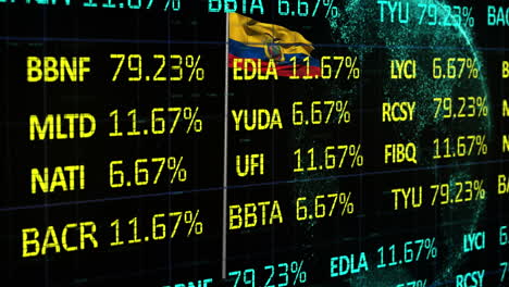 animación del procesamiento de datos financieros sobre la bandera de ecuador.