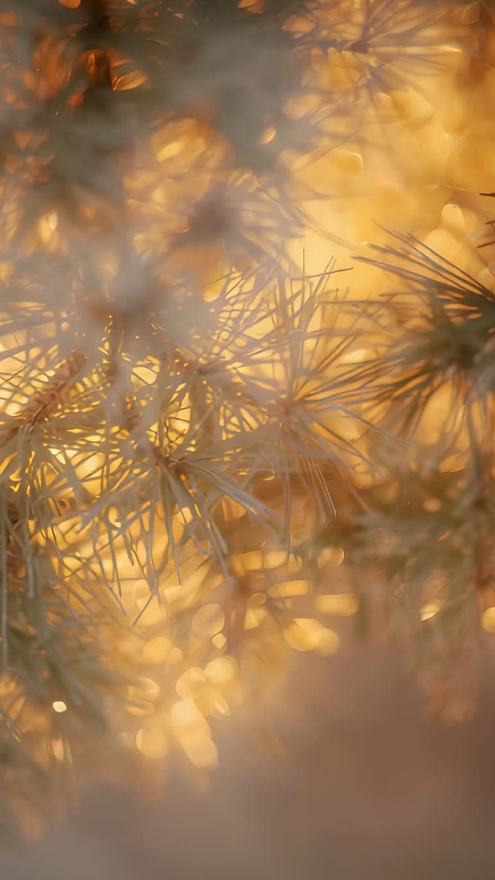 Vertical video: Swaying conifer branch catching golden sun at forest edge, showing pollen and bokeh