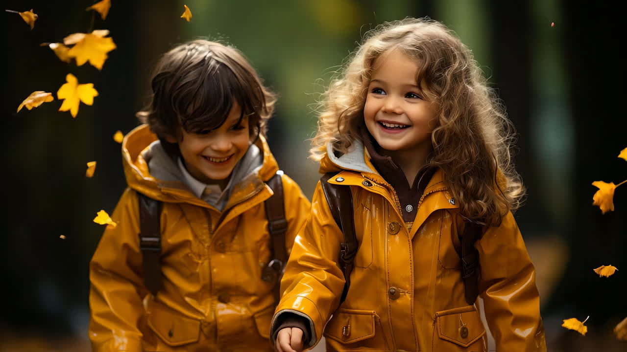 Kids in yellow raincoats outside. Two kids in bright yellow raincoats smile and stroll through a forest as autumn leaves fall around them