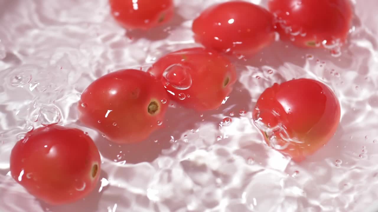 청소를 위해 물이 담긴 용기에 떨어지는 작은 토마토